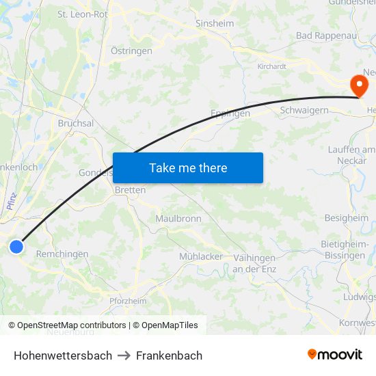 Hohenwettersbach to Frankenbach map