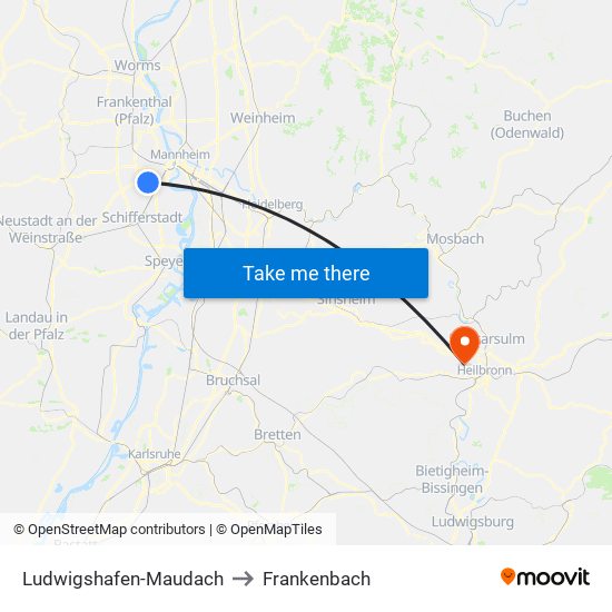 Ludwigshafen-Maudach to Frankenbach map