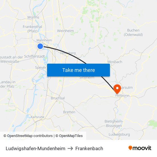 Ludwigshafen-Mundenheim to Frankenbach map