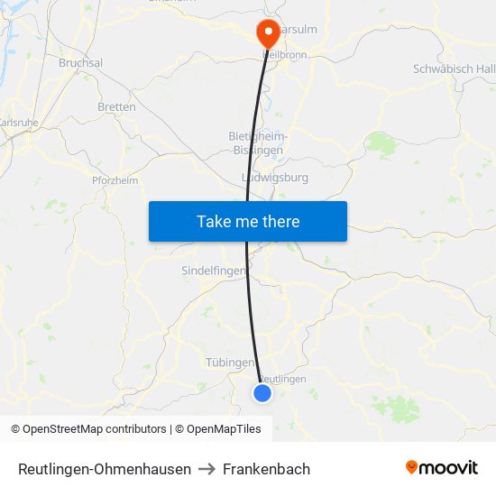 Reutlingen-Ohmenhausen to Frankenbach map