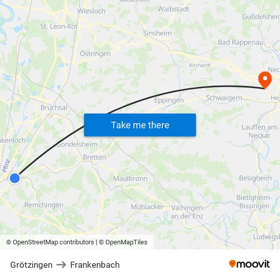 Grötzingen to Frankenbach map