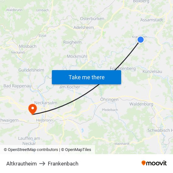 Altkrautheim to Frankenbach map