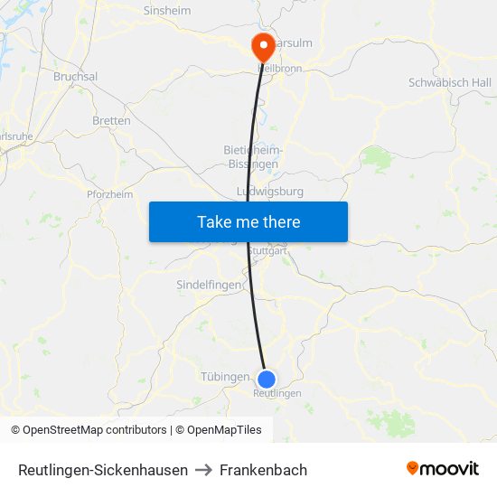 Reutlingen-Sickenhausen to Frankenbach map