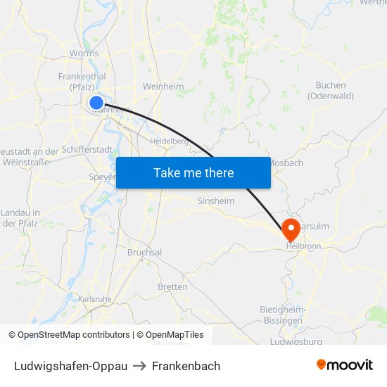 Ludwigshafen-Oppau to Frankenbach map