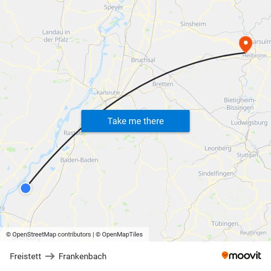 Freistett to Frankenbach map