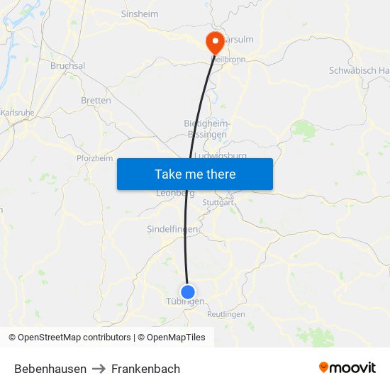 Bebenhausen to Frankenbach map