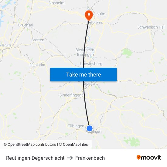 Reutlingen-Degerschlacht to Frankenbach map