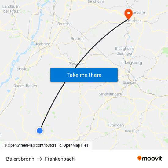 Baiersbronn to Frankenbach map