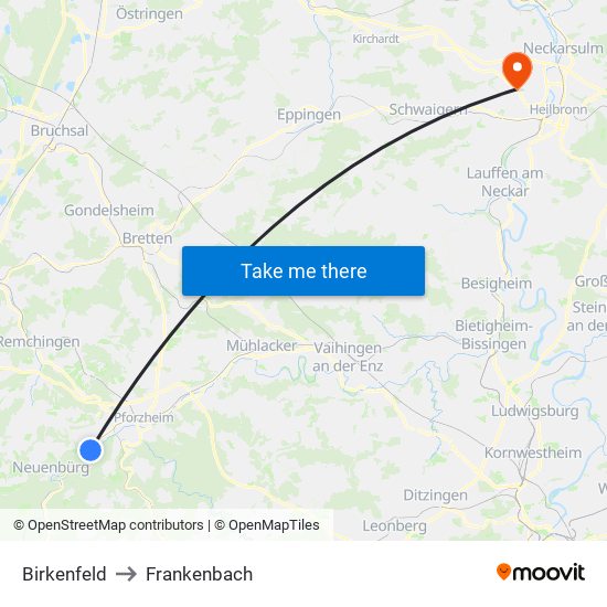 Birkenfeld to Frankenbach map