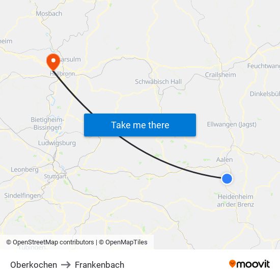 Oberkochen to Frankenbach map