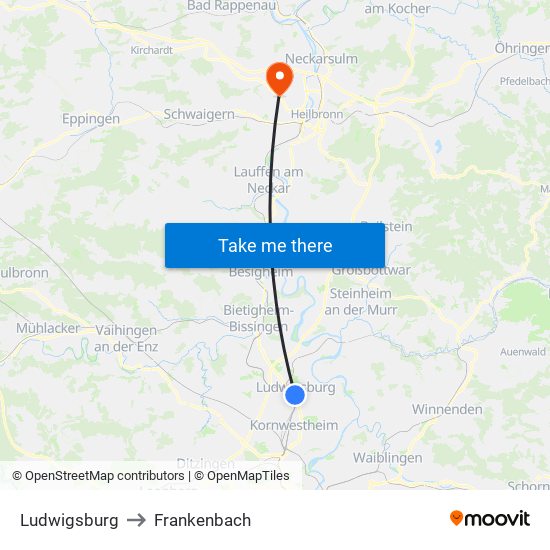 Ludwigsburg to Frankenbach map