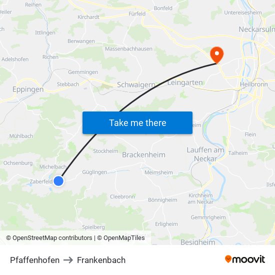 Pfaffenhofen to Frankenbach map