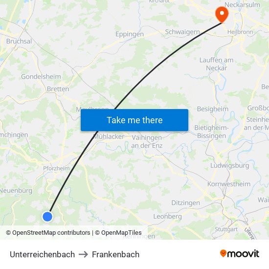 Unterreichenbach to Frankenbach map