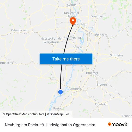 Neuburg am Rhein to Ludwigshafen-Oggersheim map