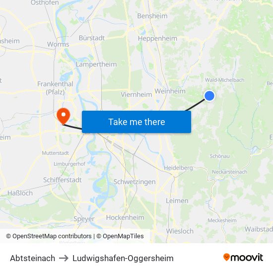 Abtsteinach to Ludwigshafen-Oggersheim map