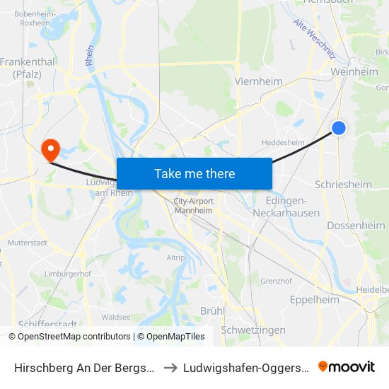 Hirschberg An Der Bergstraße to Ludwigshafen-Oggersheim map