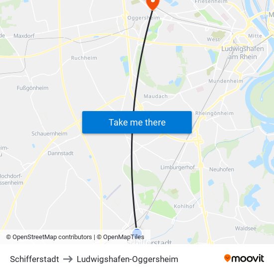 Schifferstadt to Ludwigshafen-Oggersheim map