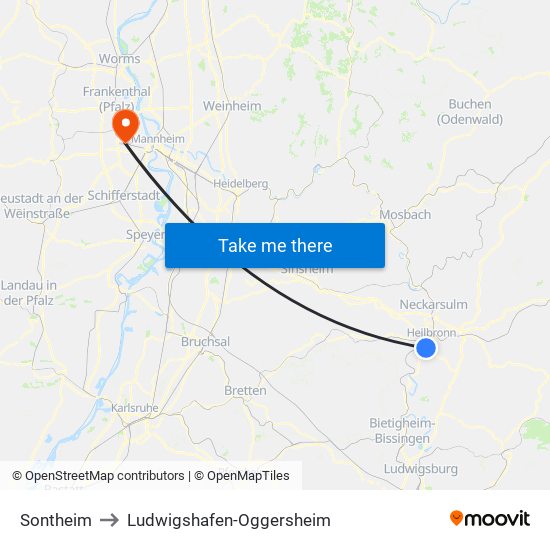 Sontheim to Ludwigshafen-Oggersheim map