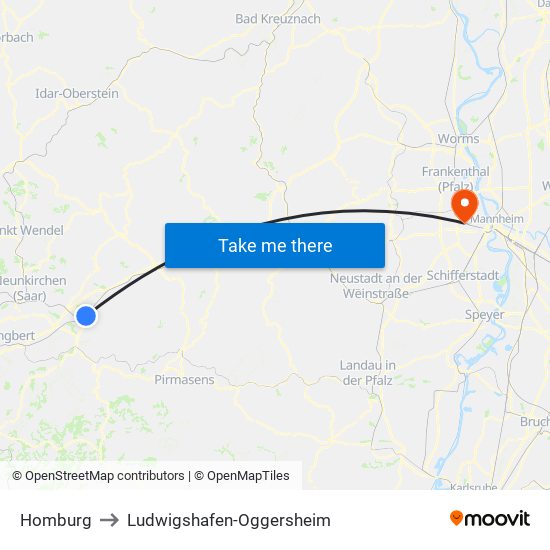 Homburg to Ludwigshafen-Oggersheim map