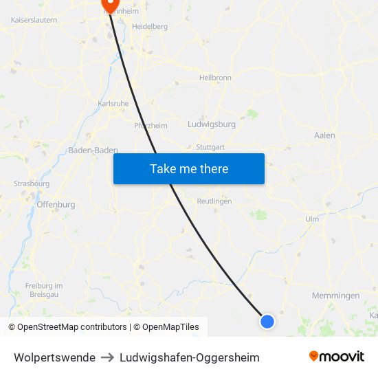 Wolpertswende to Ludwigshafen-Oggersheim map