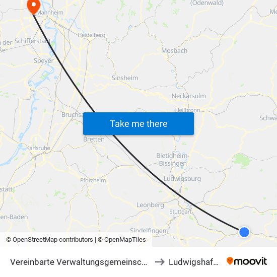 Vereinbarte Verwaltungsgemeinschaft Der Stadt Ebersbach An Der Fils to Ludwigshafen-Oggersheim map