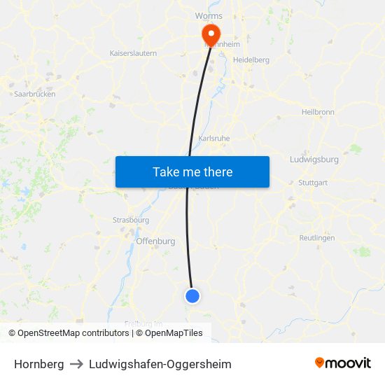 Hornberg to Ludwigshafen-Oggersheim map