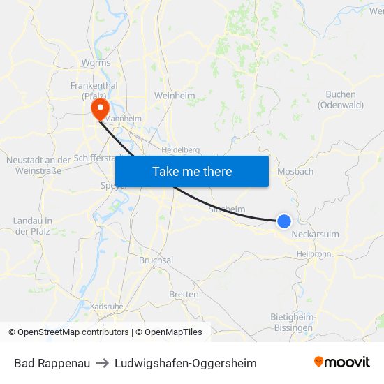 Bad Rappenau to Ludwigshafen-Oggersheim map