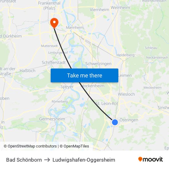 Bad Schönborn to Ludwigshafen-Oggersheim map