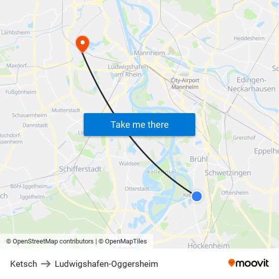 Ketsch to Ludwigshafen-Oggersheim map