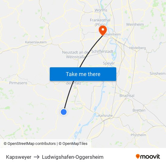 Kapsweyer to Ludwigshafen-Oggersheim map