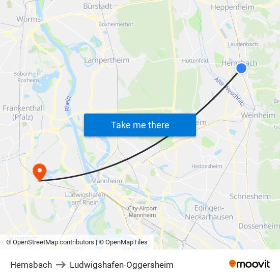 Hemsbach to Ludwigshafen-Oggersheim map