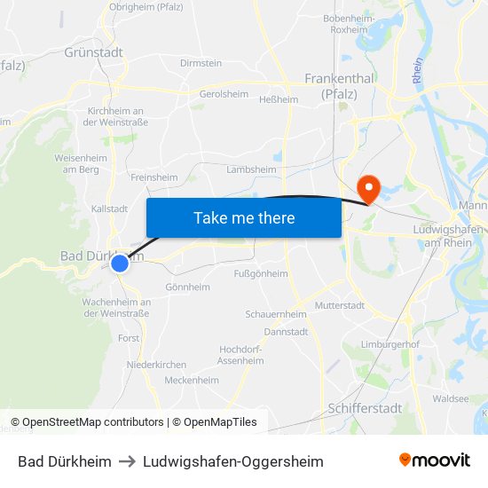 Bad Dürkheim to Ludwigshafen-Oggersheim map