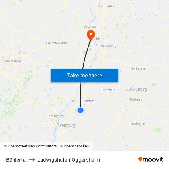 Bühlertal to Ludwigshafen-Oggersheim map