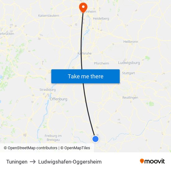 Tuningen to Ludwigshafen-Oggersheim map