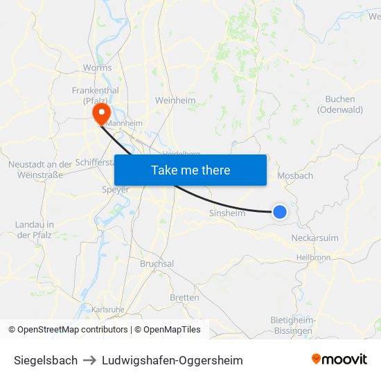 Siegelsbach to Ludwigshafen-Oggersheim map