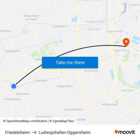 Friedelsheim to Ludwigshafen-Oggersheim map