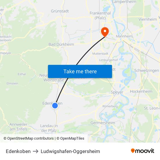 Edenkoben to Ludwigshafen-Oggersheim map