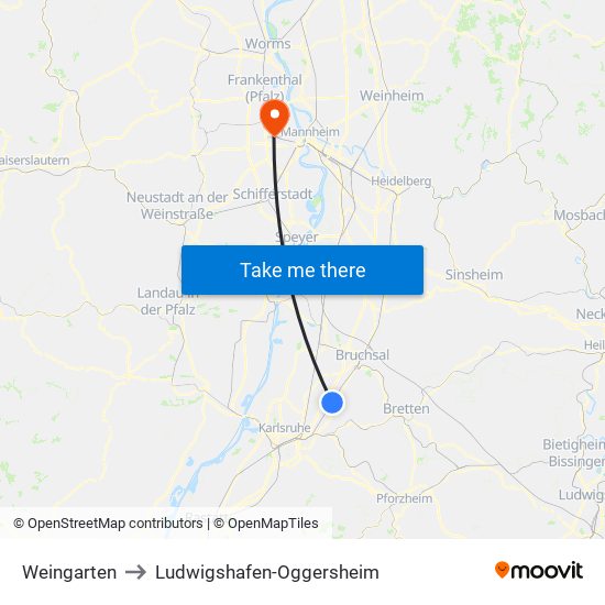 Weingarten to Ludwigshafen-Oggersheim map