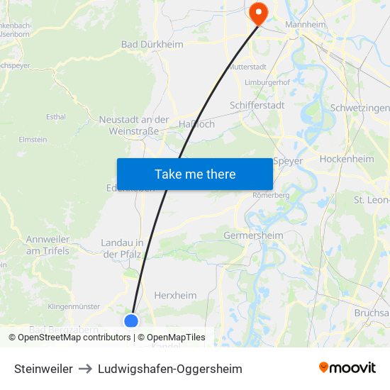 Steinweiler to Ludwigshafen-Oggersheim map