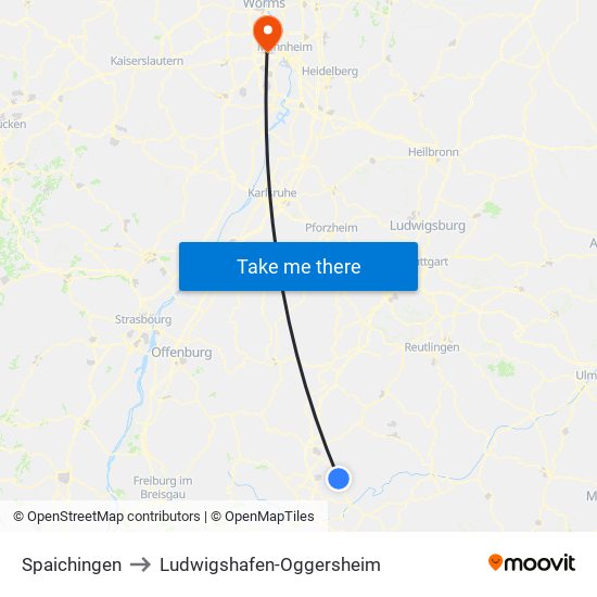 Spaichingen to Ludwigshafen-Oggersheim map