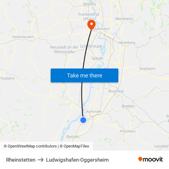 Rheinstetten to Ludwigshafen-Oggersheim map