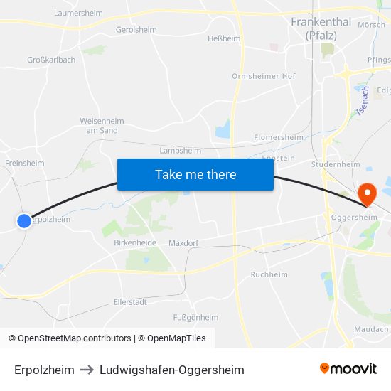 Erpolzheim to Ludwigshafen-Oggersheim map