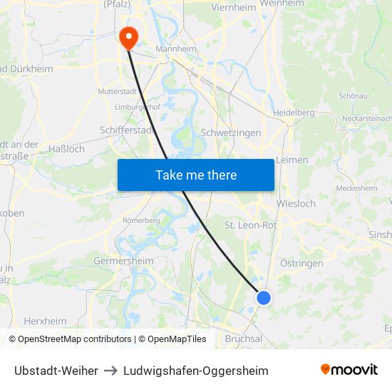 Ubstadt-Weiher to Ludwigshafen-Oggersheim map