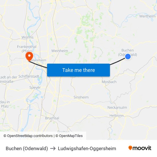 Buchen (Odenwald) to Ludwigshafen-Oggersheim map