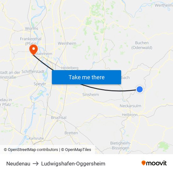 Neudenau to Ludwigshafen-Oggersheim map