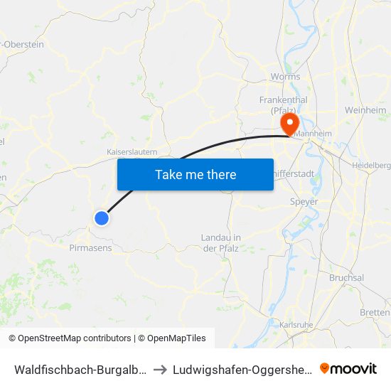 Waldfischbach-Burgalben to Ludwigshafen-Oggersheim map