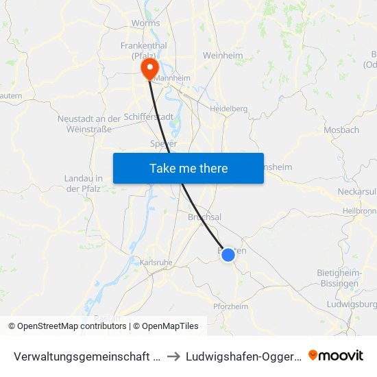 Verwaltungsgemeinschaft Bretten to Ludwigshafen-Oggersheim map