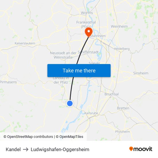 Kandel to Ludwigshafen-Oggersheim map