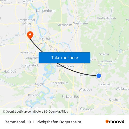 Bammental to Ludwigshafen-Oggersheim map