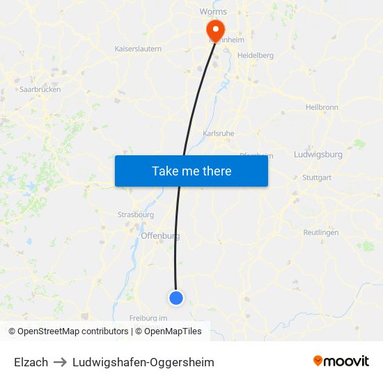 Elzach to Ludwigshafen-Oggersheim map